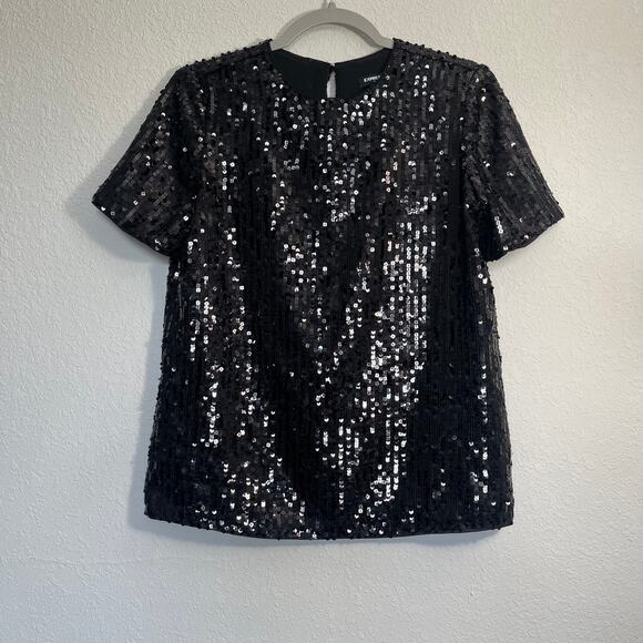 Express Tops - EXPRESS Black Sequin Short Sleeve Top Small Boxy Glamorous Festive Party Blouse